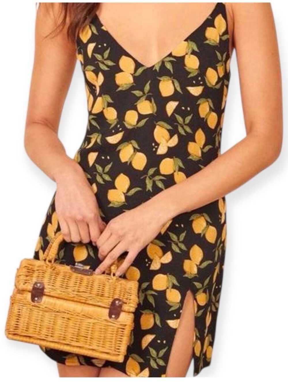 Reformation Marlowe Slip Dress w/Yellow Lemon Print